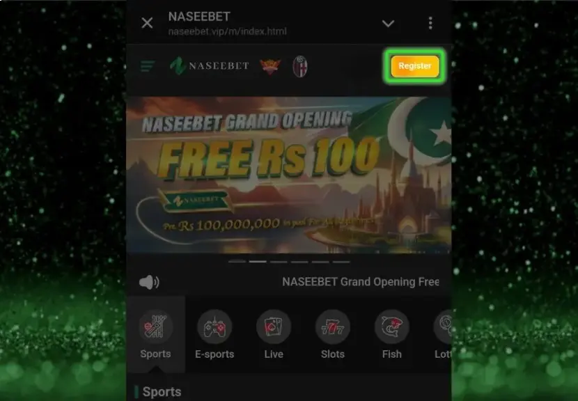 Mobile interface of the Naseebet game website displaying a free Rs 100 bonus for new registrations, with a prominent 'Register' button and various gaming options like sports, slots, and e-sports.