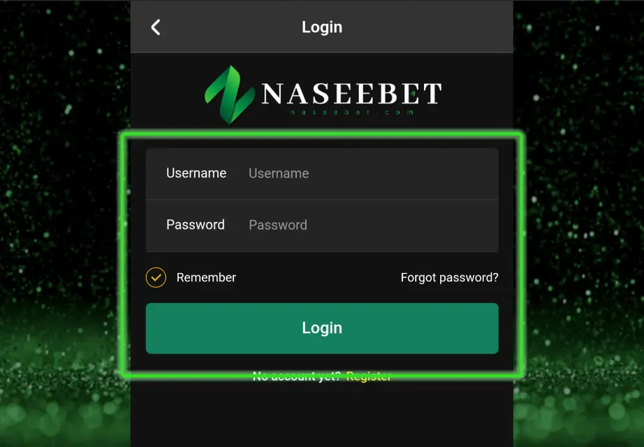 Naseebet login interface showing fields for entering username and password, with options to remember login details and reset a forgotten password.