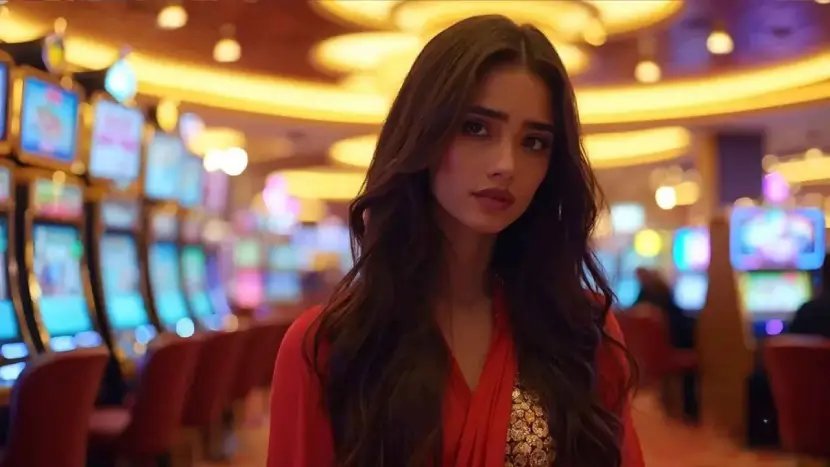 A woman in a red dress stands inside a brightly lit casino with rows of slot machines in the background, associated with "Naseebet login".