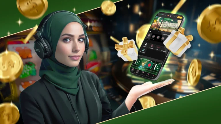 A woman in a green hijab with headphones showcasing the Naseebet game app on a mobile device with floating gold coins and gift boxes in the background.