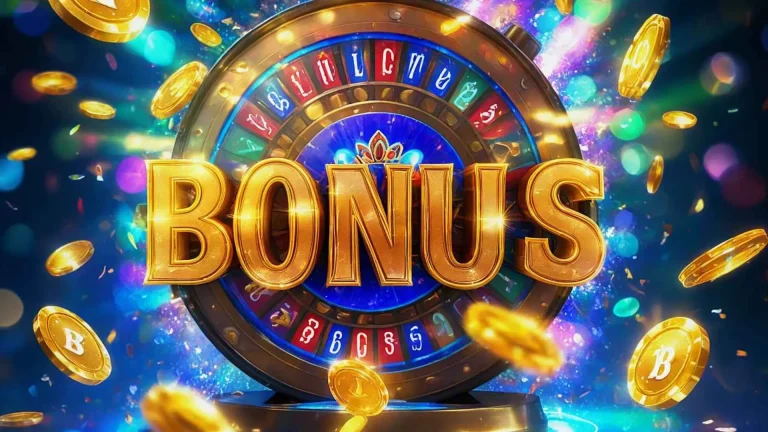 A vibrant image of a spinning roulette wheel with the word 'BONUS' in large golden letters, surrounded by sparkling coins and colorful lights, promoting Naseebet game bonuses.