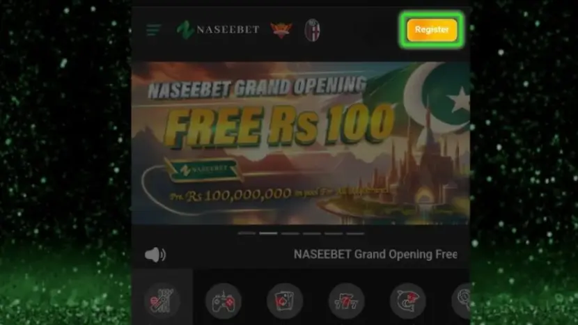 Mobile interface of the Naseebet game website displaying a free Rs 100 bonus for new registrations, with a prominent 'Register' button and various gaming options like sports, slots, and e-sports.